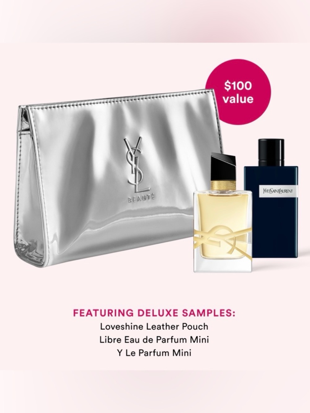 YSL Silver Metallic Snap Loveshine Leather Cosmetic Pouch + Y & Libre Mini $100 - Picture 1 of 8